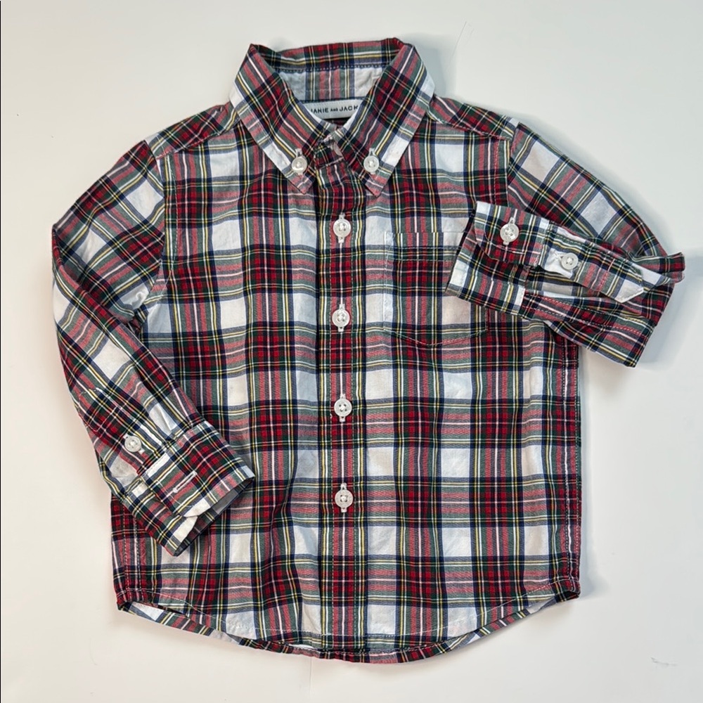 Janie and Jack Red and Green Christmas Plaid Button Down Shirt Size 6-12 Months